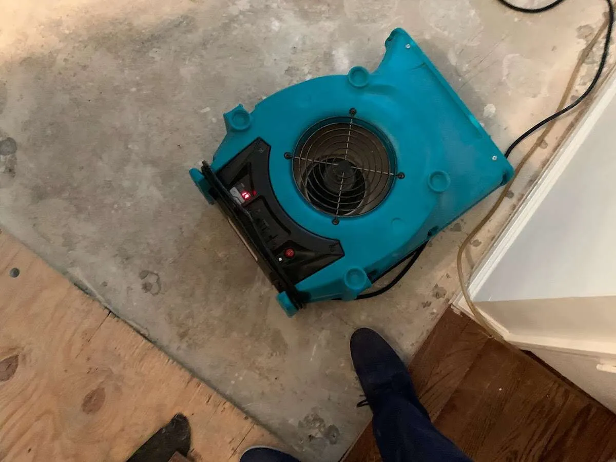Air mover drying subfloor during Commercial Water Damage Restoration in Kingsland